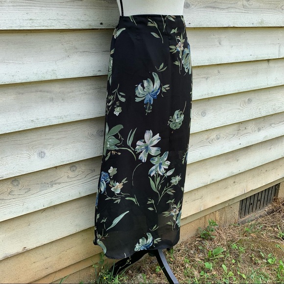 Vintage 90s Black Floral Print Elastic High Waist Sheer Ankle Length Midi Skirt - Picture 2 of 16